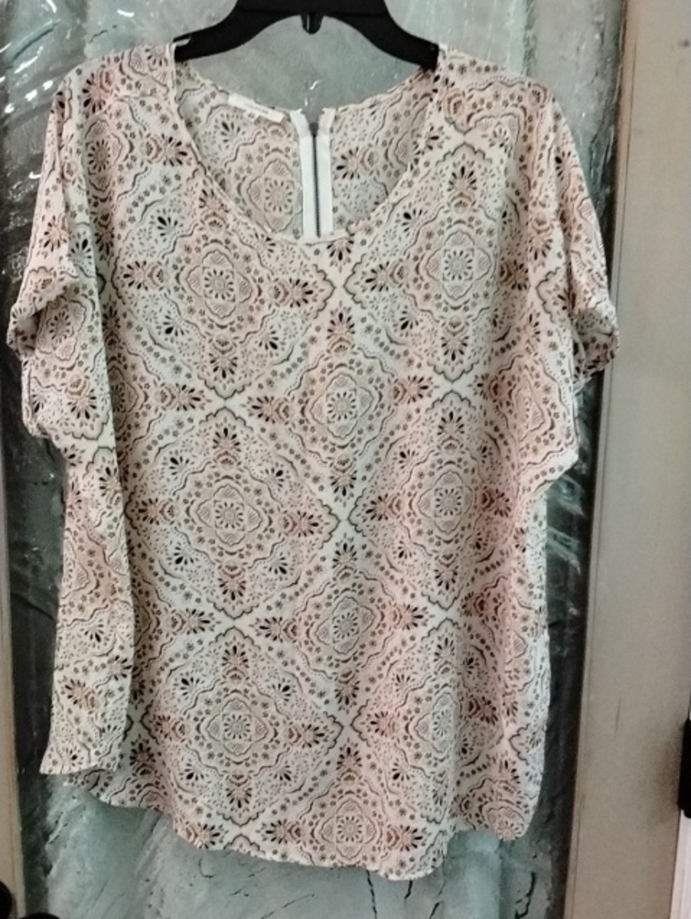 Maurices Cream and Sienna Medallion-Pattern Short Sleeve Blouse